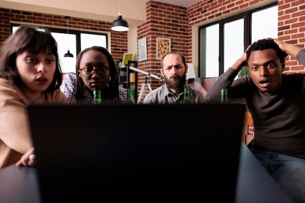 A medium shot of several diverse game developers looking stressed and overworked in a dimly lit office, with computer screens reflecting in their tired eyes. This image aims to portray the intense pressure often associated with game development labor.