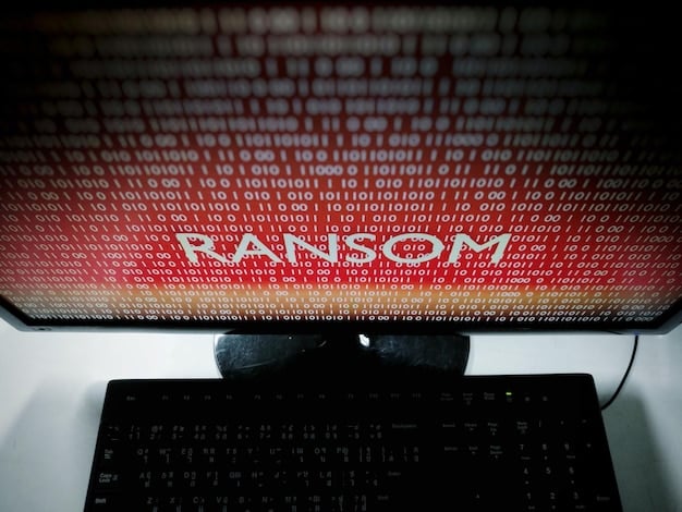 A close-up of a computer screen displaying lines of code, with a warning message about a potential data breach. A stressed individual is blurred in the background.