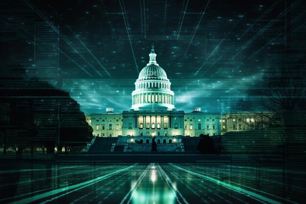 An image of the US Capitol building with a digital overlay of data streams and binary code, representing data privacy laws and regulations.