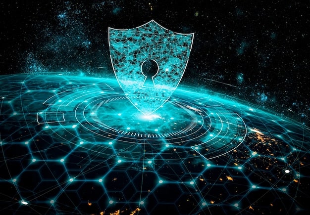 A stylized digital shield with interconnected nodes, representing the security and compliance measures necessary for digital assets within the metaverse gaming ecosystem.