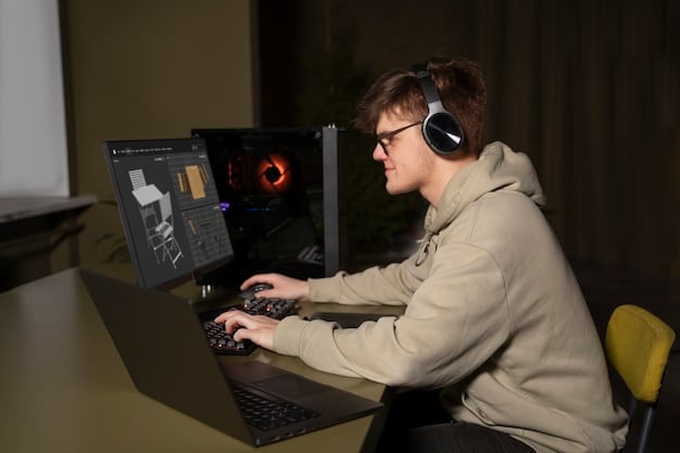A game developer using a sophisticated AI tool interface in a darkened studio. The screen displays complex data visualizations and algorithmic processes, showcasing the intricate nature of AI-assisted game development.