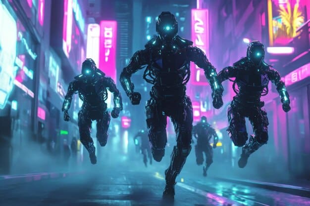 A dynamic scene from a multiplayer shooter game, showing futuristic soldiers engaging in intense combat within a neon-lit cityscape..