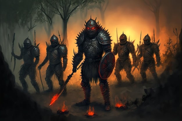 A group of Tarnished warriors battling a massive, grotesque boss monster in a dark, swampy area within the Land of Shadow. The boss has glowing red eyes and wields a large, bladed weapon.