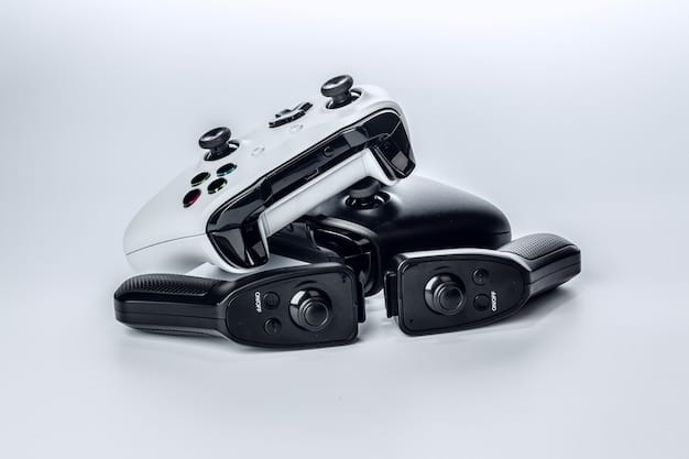 A detailed, photorealistic rendering of a next-gen gaming console, placed aesthetically on a sleek, modern desk with a large, curved monitor displaying a futuristic game interface. The lighting is soft and emphasizes the console's design.