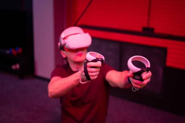 A gamer fully immersed in a VR gaming experience, wearing a high-tech VR headset and holding motion controllers. The background is blurred but suggests a modern gaming setup.