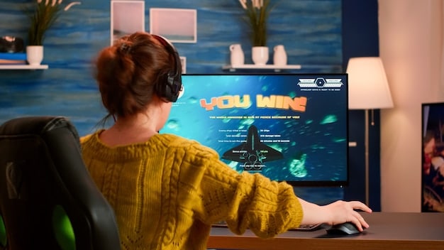A developer is showcasing gameplay footage from an upcoming RPG in a behind-the-scenes demo at a gaming convention. The lighting is bright, the atmosphere is buzzing with excitement, and a small crowd is gathered around watching the screen.