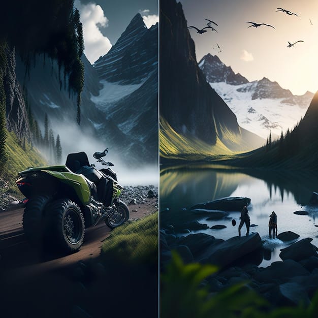 A split-screen comparison of gameplay footage from an anticipated game, highlighting before-and-after visual enhancements and detailed environments. The title of the game is subtly displayed at the top of the graphic.