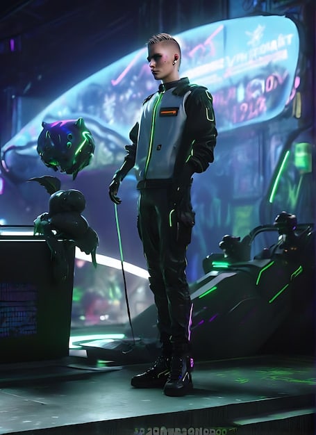 Screenshot from  Game showing a player character in a futuristic suit, interacting with a holographic interface. Blue and orange light effects are prominent. The environment has a sleek, high-tech feel.
