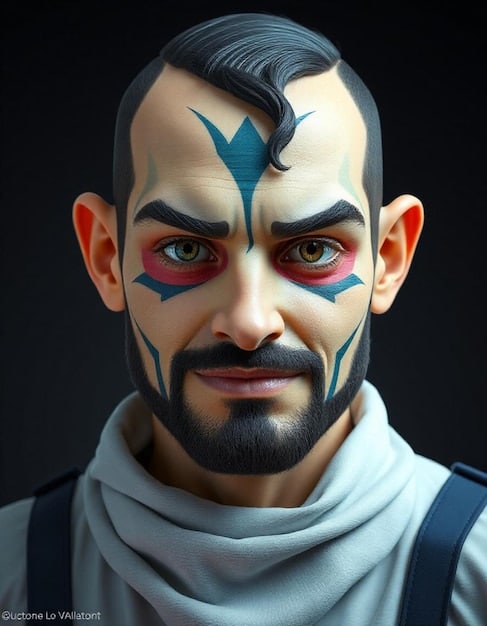 A close-up shot of a key non-player character (NPC) from the game. The character's face is highly expressive, conveying a mix of emotions. The background is blurred, drawing focus to the character's detailed features and attire, hinting at their unique role in the narrative.