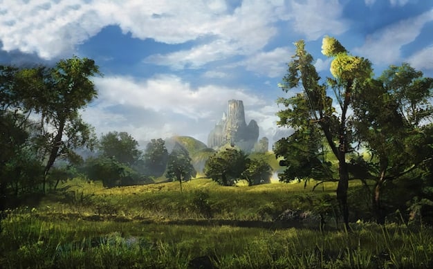 A panoramic vista of the game's open-world environment. Towering mountains, lush forests, and a sprawling river can be seen, showcasing the scale and beauty of the landscape. The lighting is dynamic, with sunlight filtering through the trees and casting shadows across the terrain.