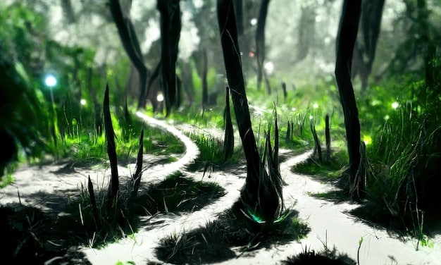 A character in a dynamic game world making choices that affect the storyline, with branching paths visualized as glowing lines in the environment.