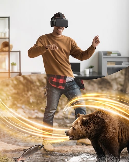 A person wearing a VR headset and holding motion controllers, fully immersed in a hyper-realistic virtual gaming environment, surrounded by advanced gaming technology.