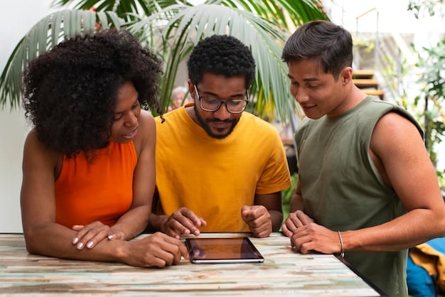A diverse group of people playing a location-based AR game in a real-world urban environment, using their smartphones to interact with virtual elements overlaid on their surroundings.