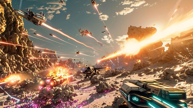 A vibrant screenshot of a large-scale multiplayer battle in the game, showcasing the dynamic combat system and diverse character classes. The image captures the excitement and intensity of the game's online modes.