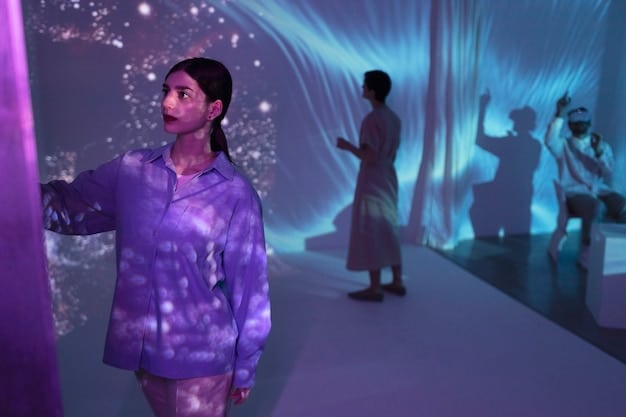 A high-resolution screenshot from , showing a character interacting with an advanced holographic interface in a futuristic laboratory setting, with detailed lighting and reflections.