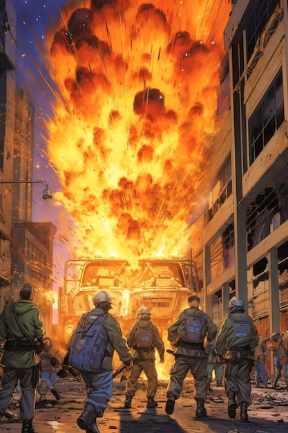 A gameplay screenshot featuring a squad of characters engaged in combat against a large, mechanical enemy in a war-torn cityscape within .
