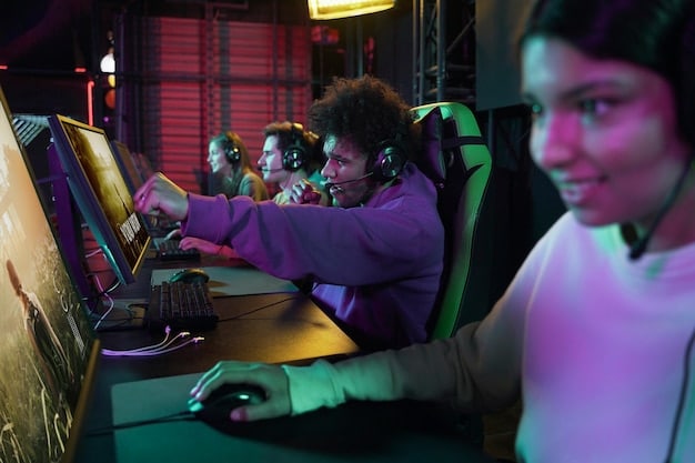 A diverse group of gamers playing a demo of an upcoming game at a gaming convention. Some are excitedly engaged, while others are providing feedback to a developer standing nearby.