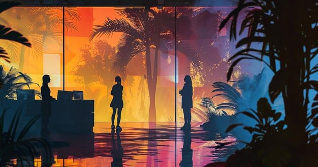 Screenshot of a sunny Vice City beach scene with crystal-clear water, detailed palm trees, and realistic crowds. Two main characters are visible in the foreground - a woman and a man.