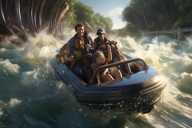 A close-up shot of the two main characters driving a speedboat through choppy waters, with the Miami skyline visible in the background. The lighting is bright and sunny, reflecting the vibrant atmosphere of the city.