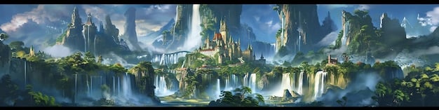 A wide panoramic view of the game world in , showcasing its diverse environments, ranging from lush forests to imposing castles and mystical landscapes.