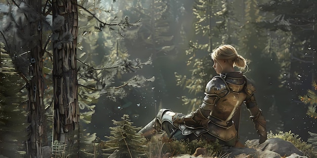 Close-up shot of a video game character in a high-definition environment, focusing on the intricate details of the character's armor and the realistic textures of the surrounding landscape.
