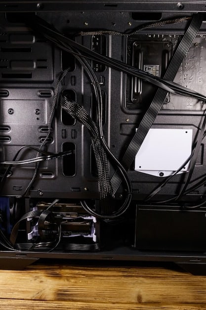An eye-level shot inside a PC case, showcasing neat cable management, a clean CPU cooler, and organized components. The focus is on the orderliness and efficiency of the build.