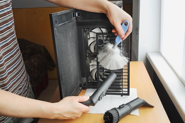 Close-up shot of a person carefully using compressed air to clean the inside of a PC case, with focus on removing dust from the GPU and CPU cooler.