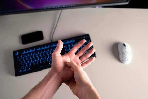 A close-up shot of a gamer's hands in a neutral position on an ergonomic keyboard and mouse, showcasing proper wrist alignment and support. The background is blurred to emphasize the ergonomic equipment.