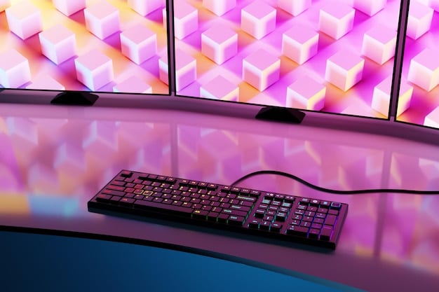 A gamer's desk setup featuring a monitor displaying a vibrant game scene, a keyboard, a mouse, and a shelf in the background with a collection of physical game boxes and figurines, representing the sense of ownership and collection associated with buying games.