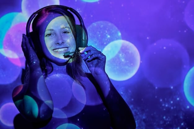 A gamer wearing binaural headphones, with a soft glow highlighting the advanced AI noise cancellation technology. The background is blurred to emphasize the focus on the immersive audio experience.