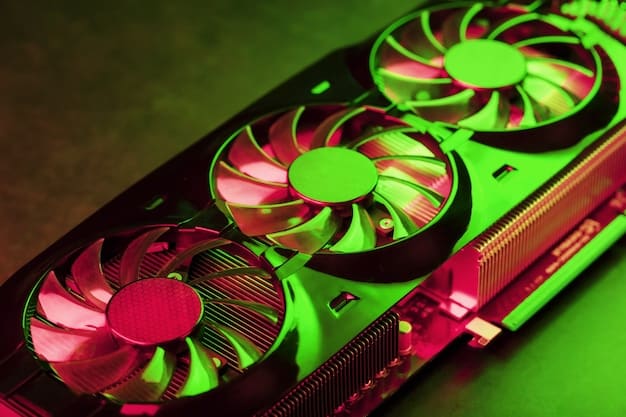 A detailed close-up of a high-end graphics card (GPU) inside a custom-built PC, with multicolored LED lighting and visible cooling fans, emphasizing its importance for VR gaming performance.