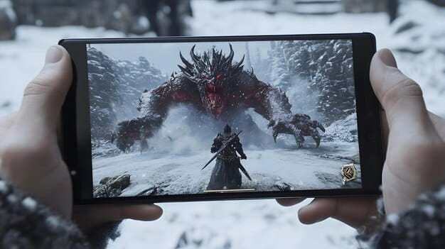 A gamer using a cloud gaming service on a tablet, with a high-quality game displayed seamlessly on the screen, highlighting the convenience and accessibility of the technology.