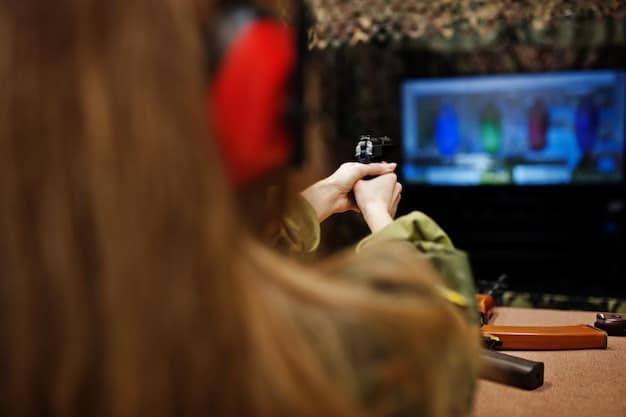 Close-up of a high-end gaming monitor displaying a first-person shooter game. The focus is on the smooth motion and clarity of the image, highlighting the benefits of a high refresh rate and low response time. The surrounding room is dimly lit, emphasizing the monitor's vibrant display.