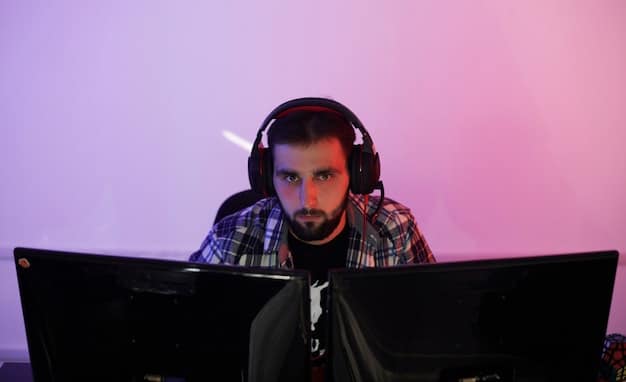 A gamer wearing a high-end gaming headset, illuminated by the glow of a monitor displaying a vibrant game environment. The focus is on the headset covering the ears, emphasizing noise isolation and immersive sound.