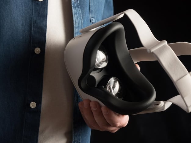 A close-up view of a modern VR headset, highlighting its sleek design and advanced tracking sensors. The headset is partially dissembled to show the technology within, giving a peek into the high-resolution displays and comfortable padding.