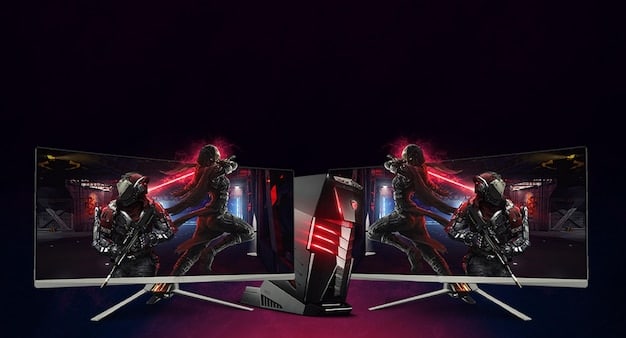 A wide shot of a gaming setup featuring a curved ultra-wide monitor, showcasing the immersive experience with a panoramic view of a visually rich game world. The setup includes a gaming PC, keyboard, mouse, and ambient lighting.