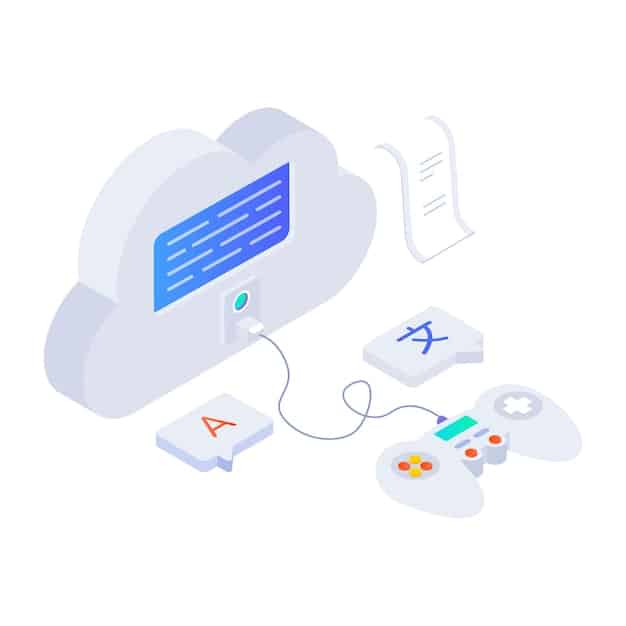 A diagram illustrating the cloud gaming process, showing a user's device connecting to a remote server, where the game is processed and streamed back to the device. Arrows indicate the flow of data.