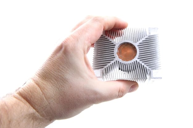 A detailed, close-up shot of a CPU cooler being installed on a motherboard, with a focus on the thermal paste application. The image shows the correct amount of paste and the alignment of the cooler with the CPU socket.