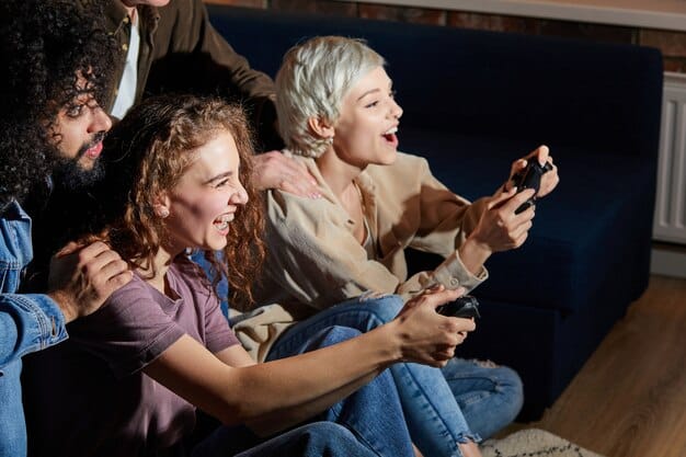 A group of friends gathered around a Nintendo Switch, playing a cooperative game. The atmosphere is lighthearted and fun, emphasizing the social aspect of Nintendo gaming.