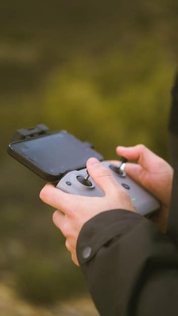 A close-up shot of a PlayStation controller being used to play a game via cloud streaming on a tablet. The tablet is propped up on a stand, and the background shows a clean, minimalist office space. The focus is on the seamless integration of cloud gaming with portable devices.
