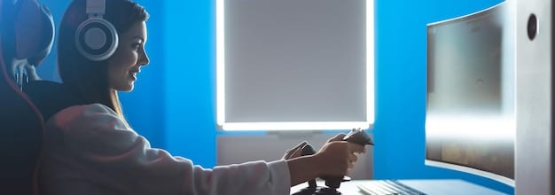 A futuristic console gaming setup showcasing a gamer playing on a large, high-resolution display with advanced graphics capabilities, suggesting the potential advancements and visual experiences expected in console gaming by 2025.