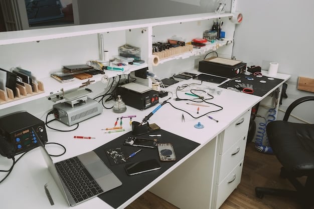 A well-organized workbench featuring various console repair tools, including precision screwdrivers, a multimeter, soldering iron, tweezers, and anti-static wrist strap. The tools are neatly arranged on a clean surface.