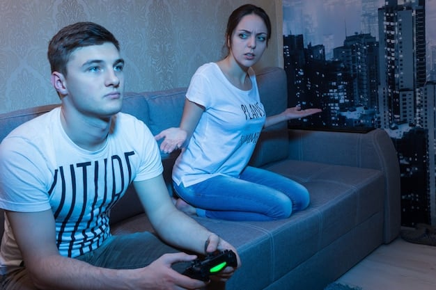 Close-up shot of two intense console gamers during a local gaming tournament, focusing on their focused expressions and the game displayed on a large screen in the background.