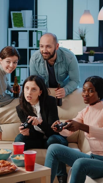 A group of diverse gamers of different ages playing a cooperative game together on a large screen TV. The focus is on their expressions of excitement and teamwork, highlighting the social aspect of console gaming.