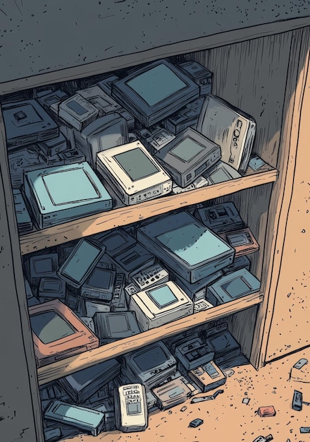 A comparison graphic showing a minimalist console setup with only a controller versus a cluttered shelf filled with physical game discs and boxes.