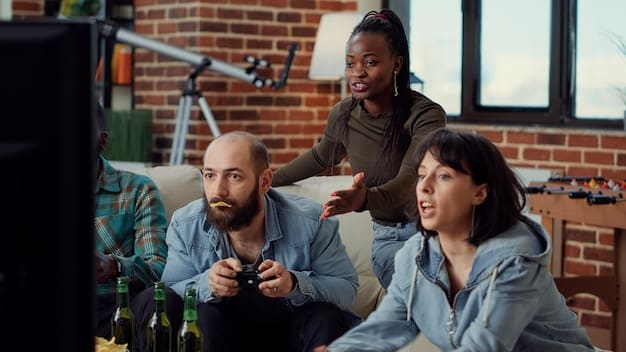 A diverse group of gamers of different ages playing classic games together on a modern console. The scene is set in a living room, emphasizing the social aspect of gaming and the intergenerational appeal of backwards compatibility.