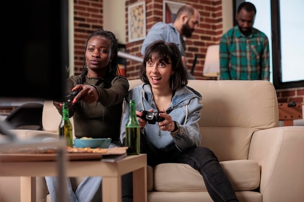 A group of diverse gamers laughing and high-fiving each other at a local console gaming tournament, capturing the excitement and social interaction of offline gaming communities.