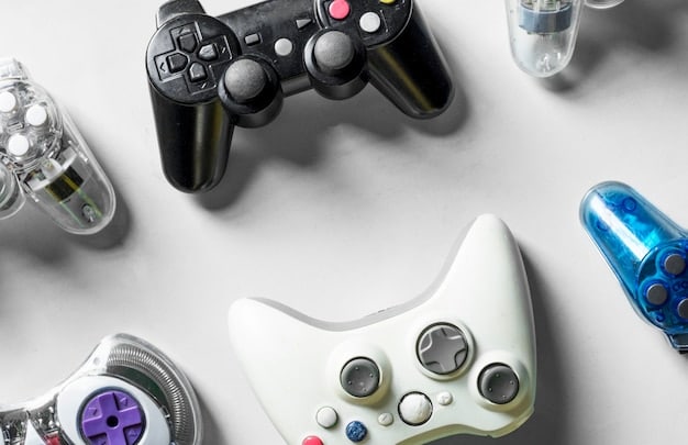A close-up shot of a variety of gaming controllers from different brands (Xbox, PlayStation, Nintendo), highlighting the ergonomic design and button layouts of each controller. Each controller is positioned to showcase its unique features, such as textured grips, customizable buttons, and touchpad functionalities, set against a neutral background to emphasize the design elements.