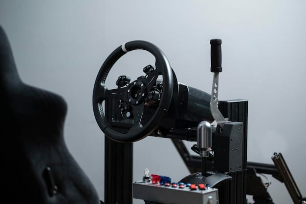 A gaming steering wheel setup with pedals and gear shifters, mounted on a racing simulator rig. The wheel is leather-wrapped and features illuminated buttons and paddle shifters. The background includes a curved monitor displaying a racing game environment, providing a realistic and immersive car racing experience.