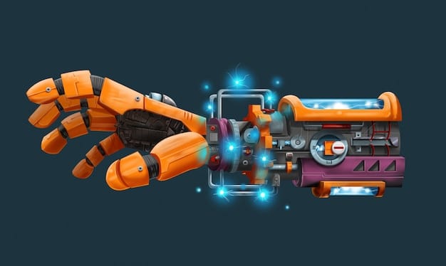 A player character's hands are shown adjusting intricate gears and modules on a futuristic gauntlet, symbolizing deep combat customization.
